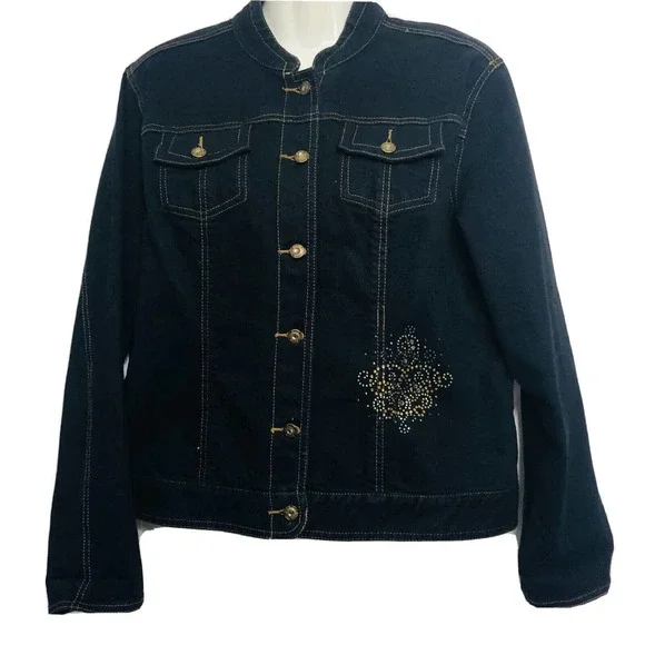 Chicos Platinum Blue Denim Jacket Gold Silver Studded Stretch L - Picture 2 of 10